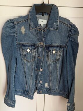 Nordstrom Blue Puff-Sleeve Distressed Denim Jacket